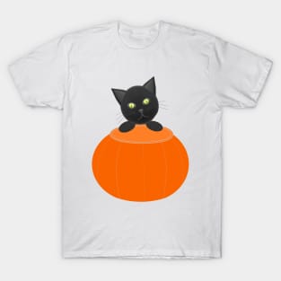 Black Cat Looking for Halloween Candy (White Background) T-Shirt